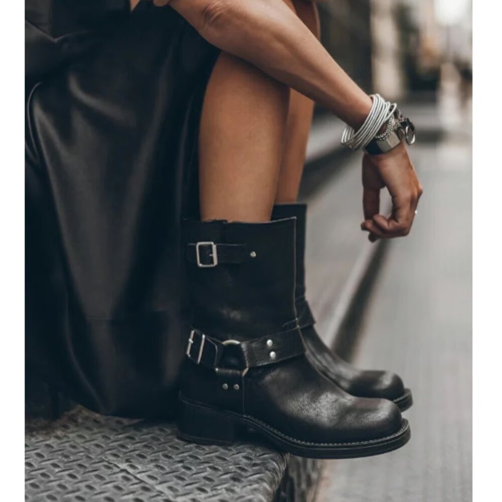 🖤 $680 MIKUTA The Black Buckle Boots Size 38 Fit US 7.5 8 LEATHER